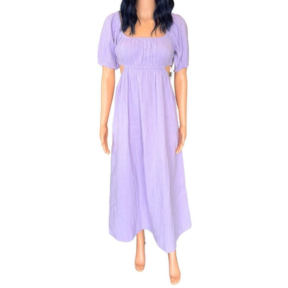 Billabong On The Coast Midi Dress Medium NWT Purple Puff Sleeve Cut Out Lavender - Picture 2 of 6
